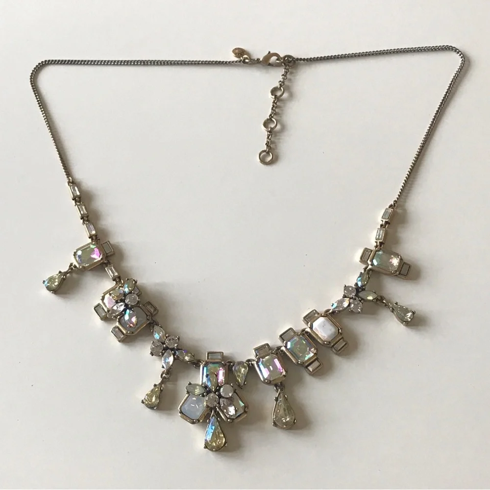 J CREW Signed Iridescent AB Rhinestone Gold Tone Layered Bib Statement Necklace - Picture 1 of 6